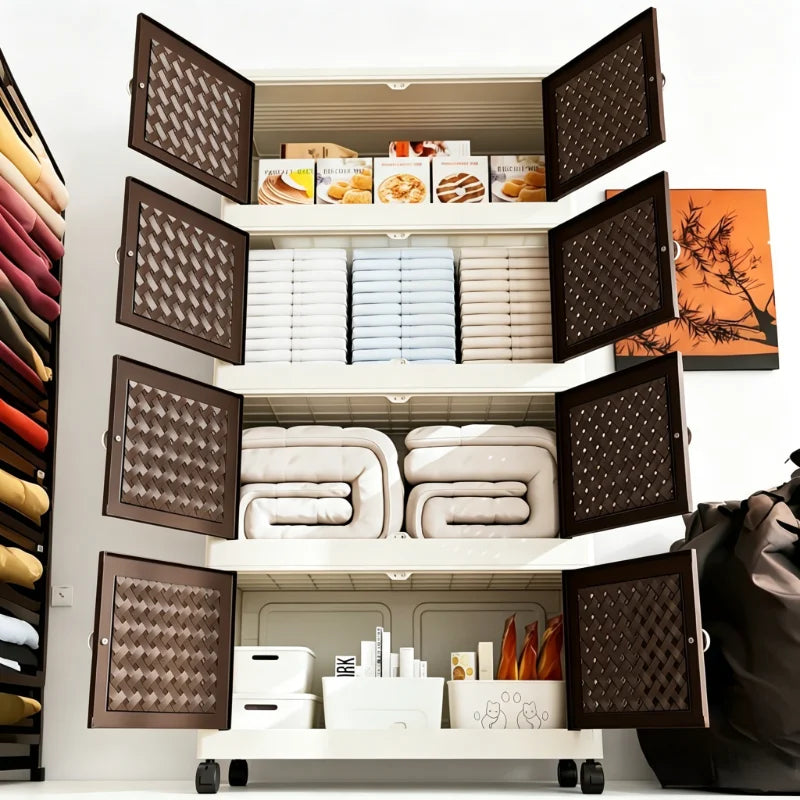 Multi-layer foldable and stackable plastic storage cabinet, no assembly needed, foldable rolling storage box with magnetic breathable woven double doors and round ball handles, 55×27 cm storage box, side clasps and swivel wh