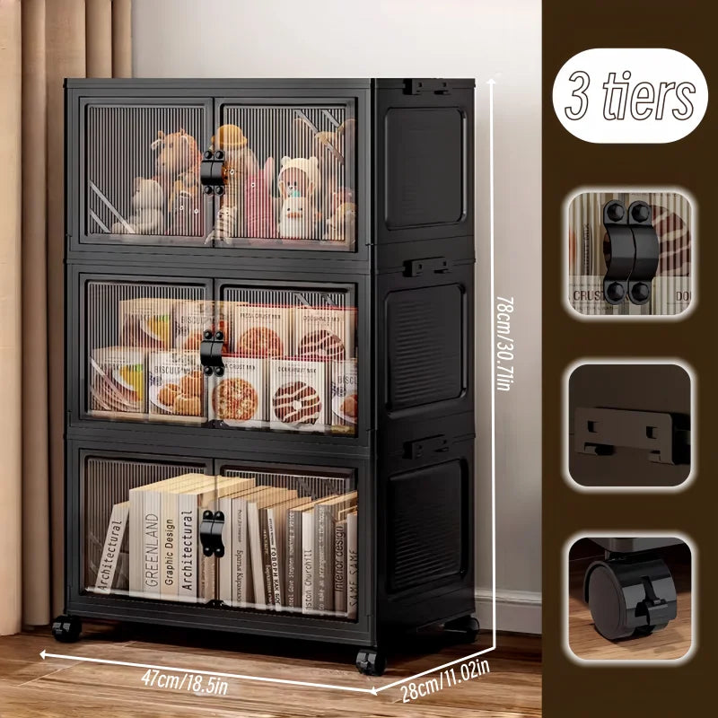 3/4/5/6-Tier Foldable Storage Cabinet with Clear Double Doors, Foldable and Stackable Plastic Storage Boxes with Wheels, Large-Capacity Rolling Organizer