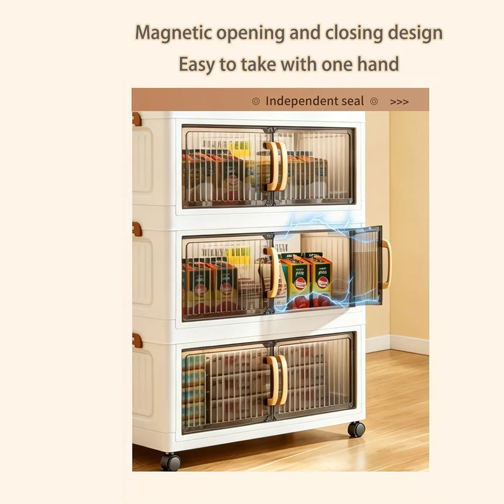 23.62in 3/4/5 Tier Foldable Plastic Storage Cabinet with Wheels, Double Transparent Door Organizer, Large Storage Chest, Latches for multi-room use