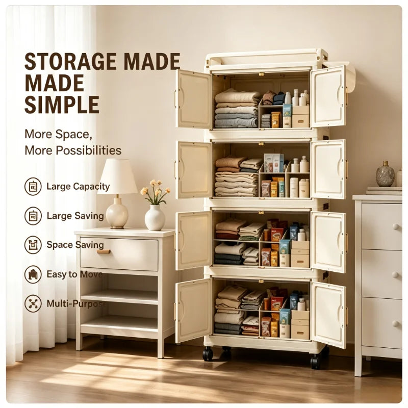 Cream white foldable storage cabinet, no assembly needed, stackable and collapsible plastic storage box, with gold double door handles and safety side latches, top handle for carrying, quiet rollers, slim narrow dustproof