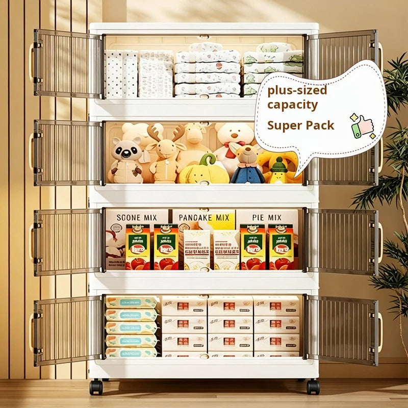 23.62in 3/4/5 Tier Foldable Plastic Storage Cabinet with Wheels, Double Transparent Door Organizer, Large Storage Chest, Latches for multi-room use