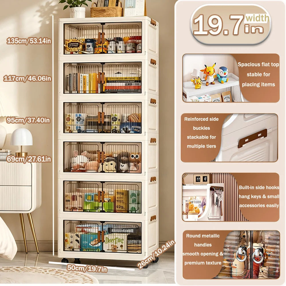 19.7in 3/4/5/6-Tier Plastic Foldable Storage Cabinet with Wheels with Magnetic Doors, Collapsible No Assembly Required, Beige