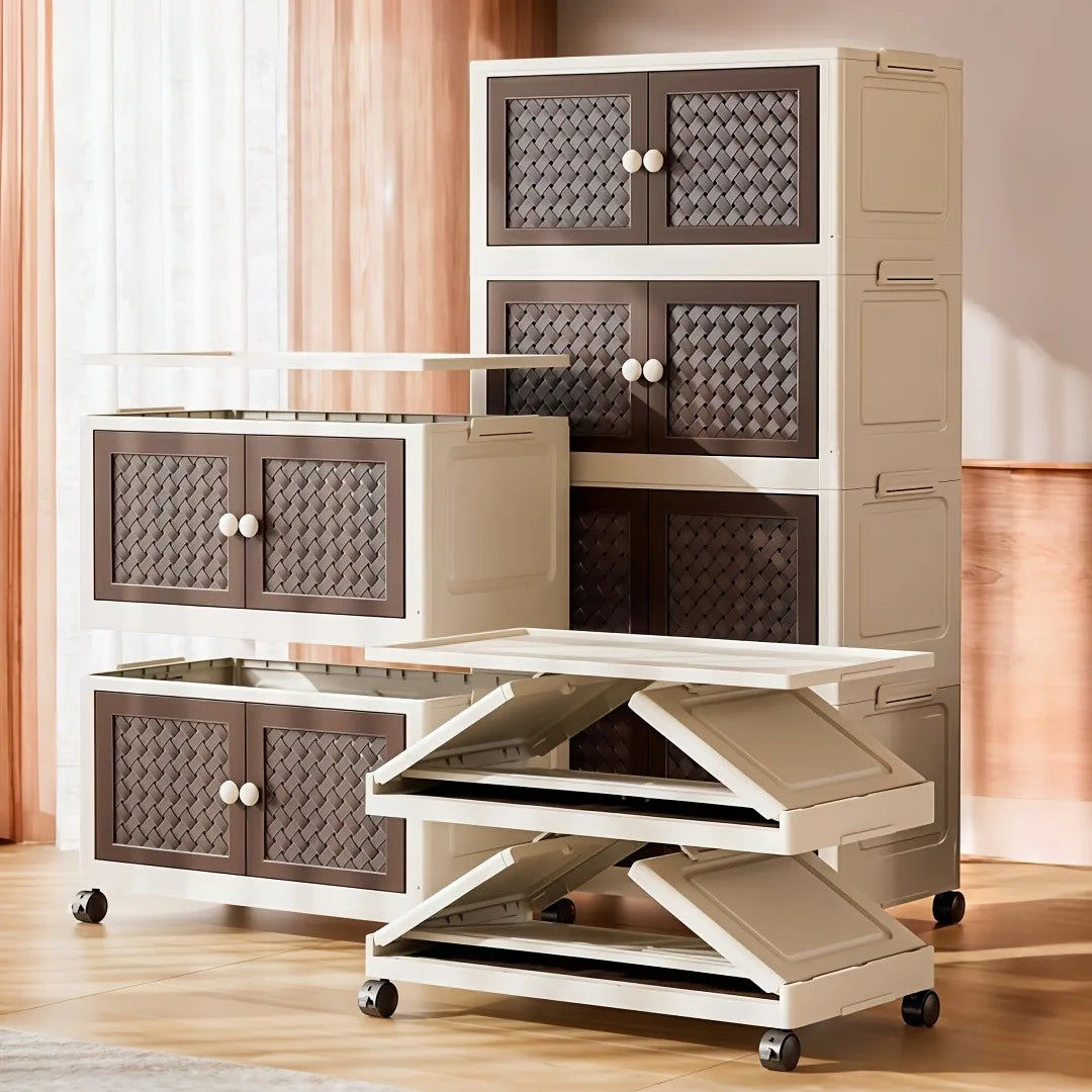 Multi-layer foldable and stackable plastic storage cabinet, no assembly needed, foldable rolling storage box with magnetic breathable woven double doors and round ball handles, 55×27 cm storage box, side clasps and swivel wh