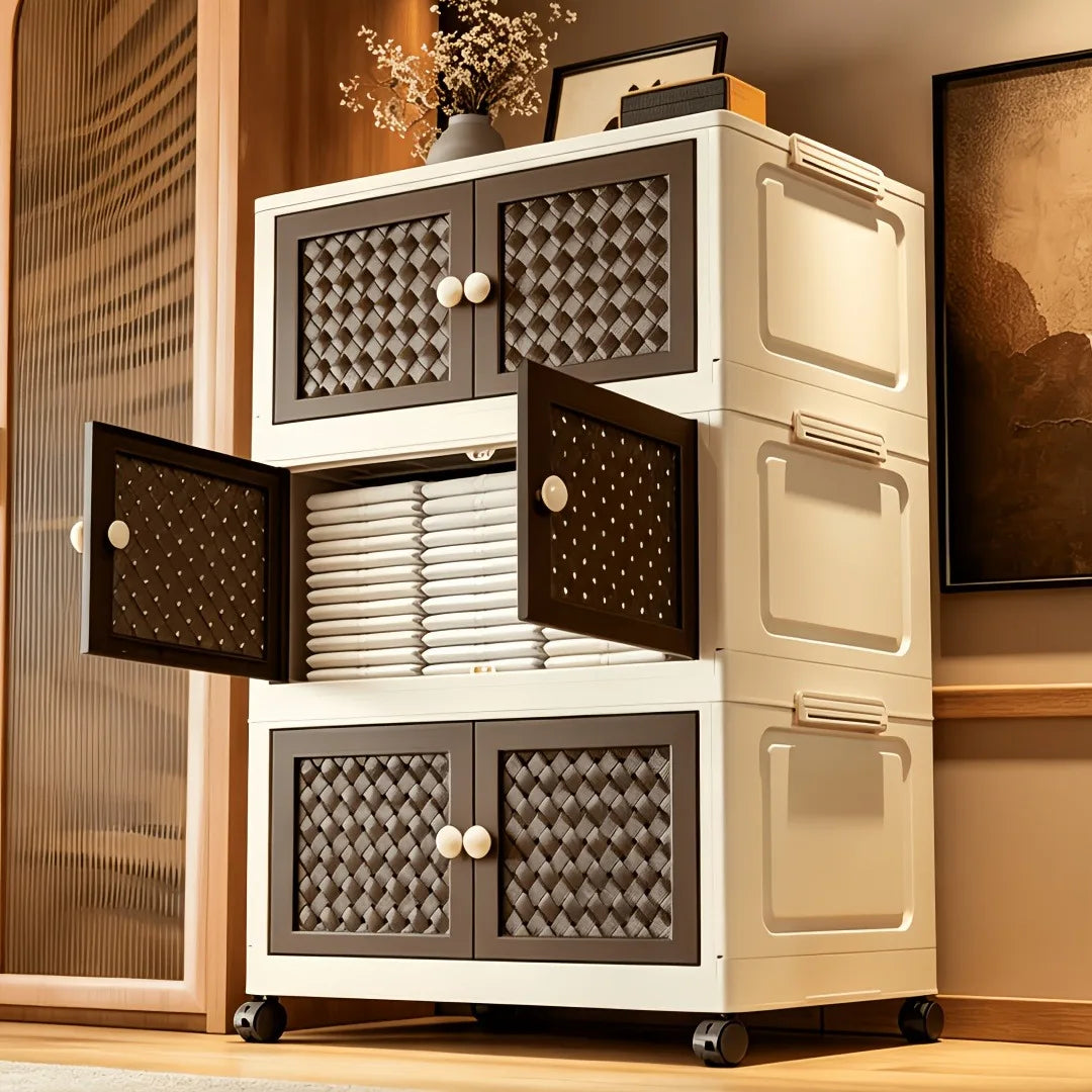 Multi-layer foldable and stackable plastic storage cabinet, no assembly needed, foldable rolling storage box with magnetic breathable woven double doors and round ball handles, 55×27 cm storage box, side clasps and swivel wh