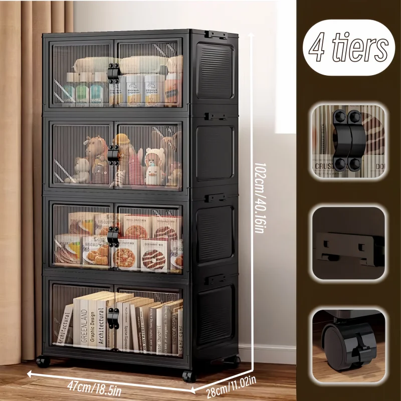 3/4/5/6-Tier Foldable Storage Cabinet with Clear Double Doors, Foldable and Stackable Plastic Storage Boxes with Wheels, Large-Capacity Rolling Organizer