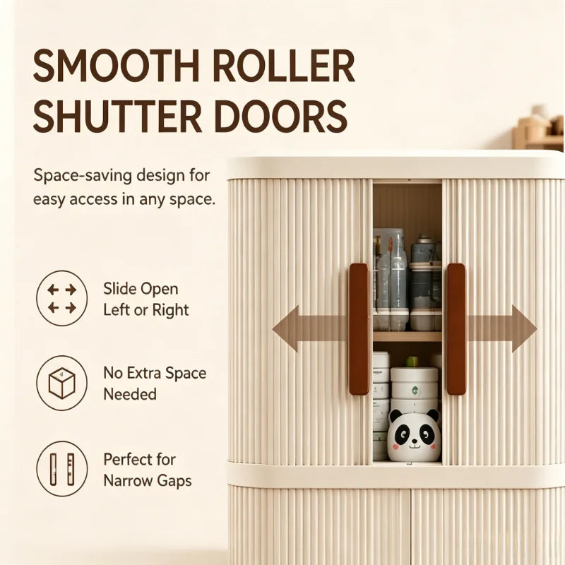 Beige foldable storage cabinet, no assembly needed, stackable featuring magnetic closure doors and 360° lockable silent wheels. Large capacity space-saving rolling storage box