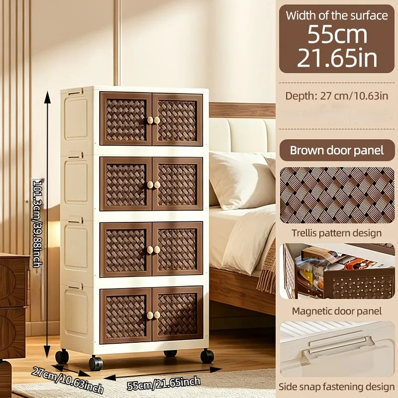 Multi-layer foldable and stackable plastic storage cabinet, no assembly needed, foldable rolling storage box with magnetic breathable woven double doors and round ball handles, 55×27 cm storage box, side clasps and swivel wh