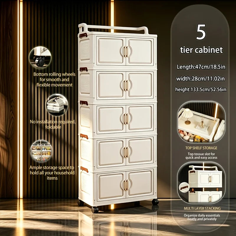 Cream white foldable storage cabinet, no assembly needed, stackable and collapsible plastic storage box, with gold double door handles and safety side latches, top handle for carrying, quiet rollers, slim narrow dustproof
