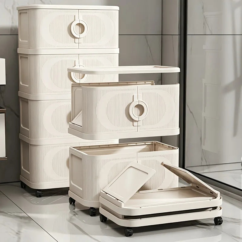 Beige foldable storage cabinet, no assembly needed, stackable featuring magnetic closure doors and 360° lockable silent wheels. Large capacity space-saving rolling storage box