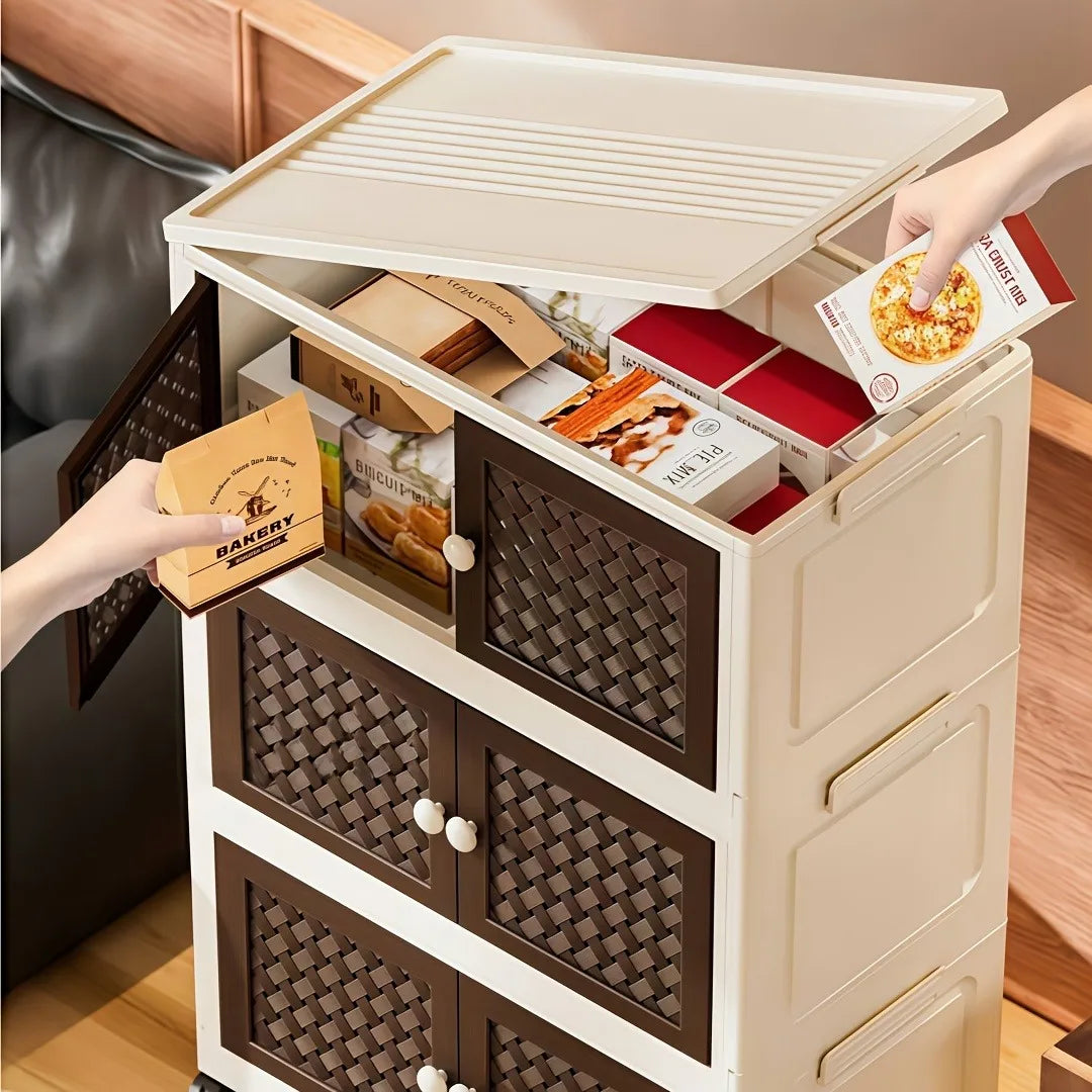 Multi-layer foldable and stackable plastic storage cabinet, no assembly needed, foldable rolling storage box with magnetic breathable woven double doors and round ball handles, 55×27 cm storage box, side clasps and swivel wh