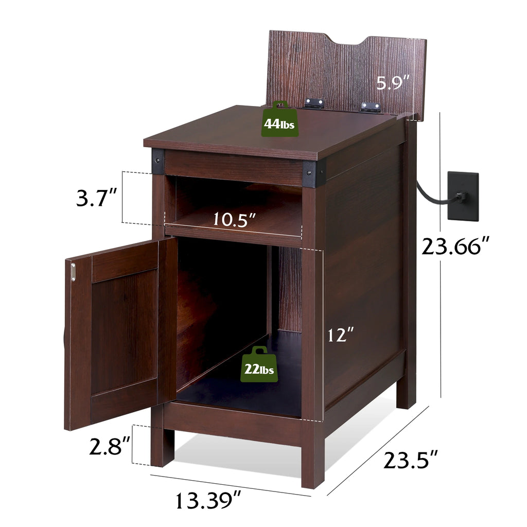 1pc Narrow End Table with Charging Station, Farmhouse Night Stand with Storage, Small Wooden Cabinet with USB Ports and Outlets