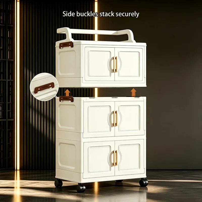 Cream white foldable storage cabinet, no assembly needed, stackable and collapsible plastic storage box, with gold double door handles and safety side latches, top handle for carrying, quiet rollers, slim narrow dustproof