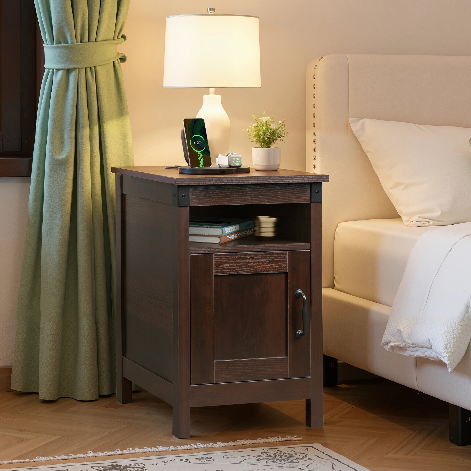 1pc Narrow End Table with Charging Station, Farmhouse Night Stand with Storage, Small Wooden Cabinet with USB Ports and Outlets