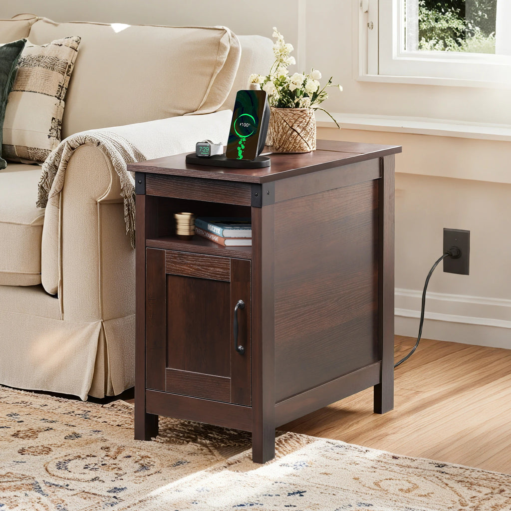 1pc Narrow End Table with Charging Station, Farmhouse Night Stand with Storage, Small Wooden Cabinet with USB Ports and Outlets