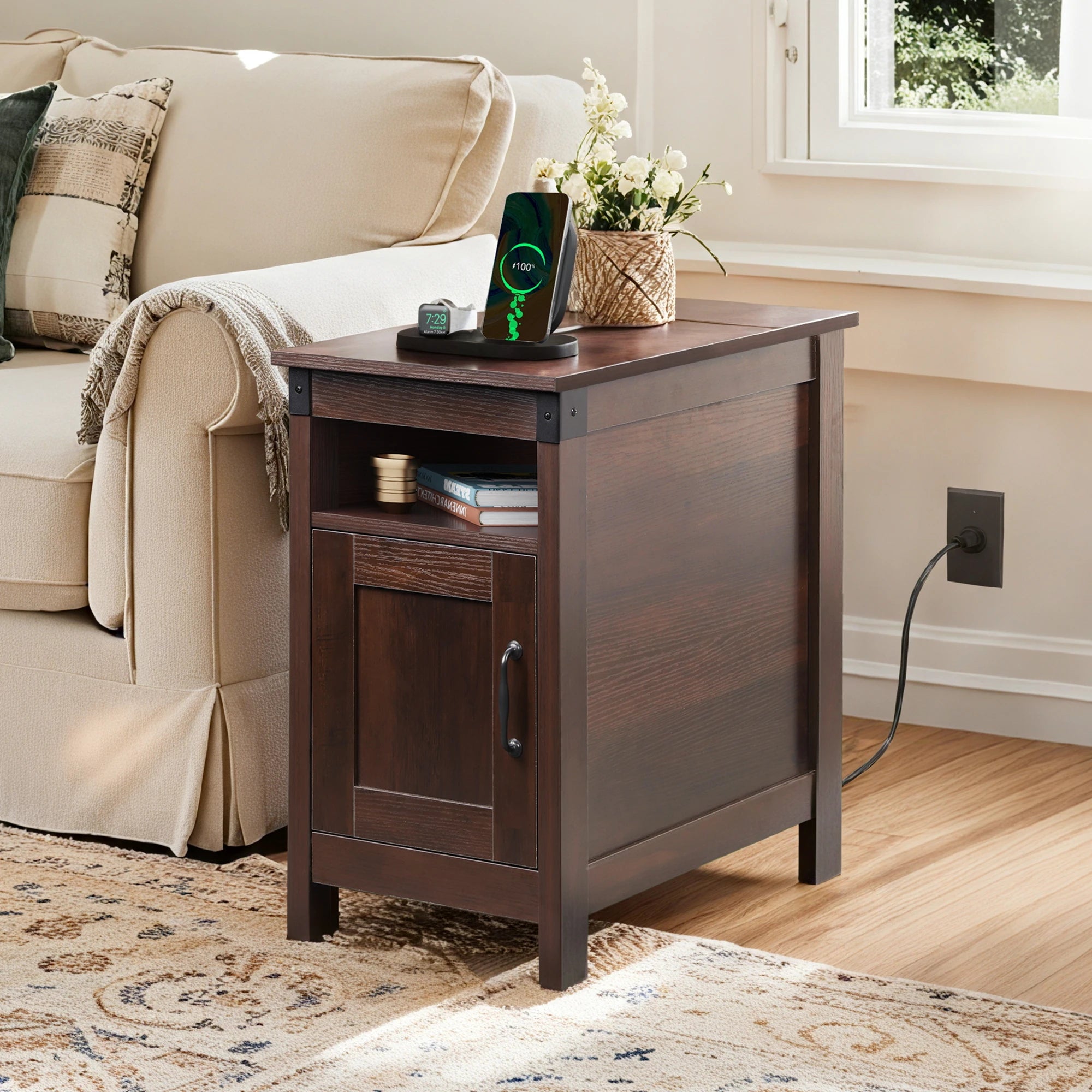 1pc Narrow End Table with Charging Station, Farmhouse Night Stand with Storage, Small Wooden Cabinet with USB Ports and Outlets