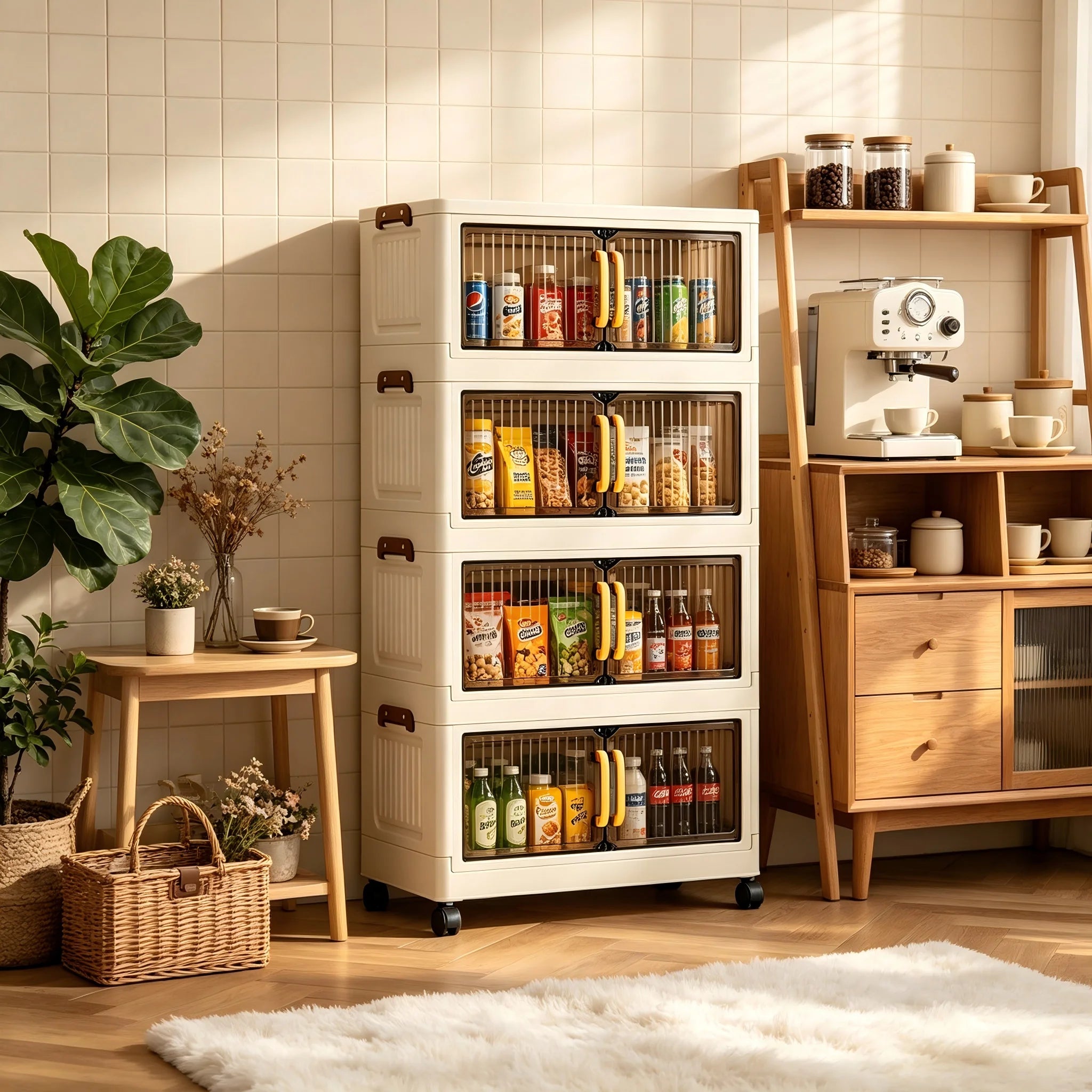 23.62in 3/4/5 Tier Foldable Plastic Storage Cabinet with Wheels, Double Transparent Door Organizer, Large Storage Chest, Latches for multi-room use