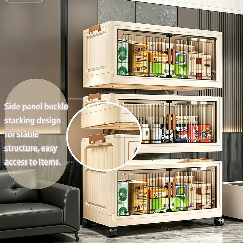 19.7in 3/4/5/6-Tier Plastic Foldable Storage Cabinet with Wheels with Magnetic Doors, Collapsible No Assembly Required, Beige