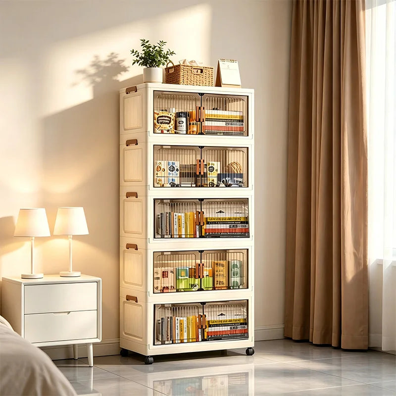19.7in 3/4/5/6-Tier Plastic Foldable Storage Cabinet with Wheels with Magnetic Doors, Collapsible No Assembly Required, Beige