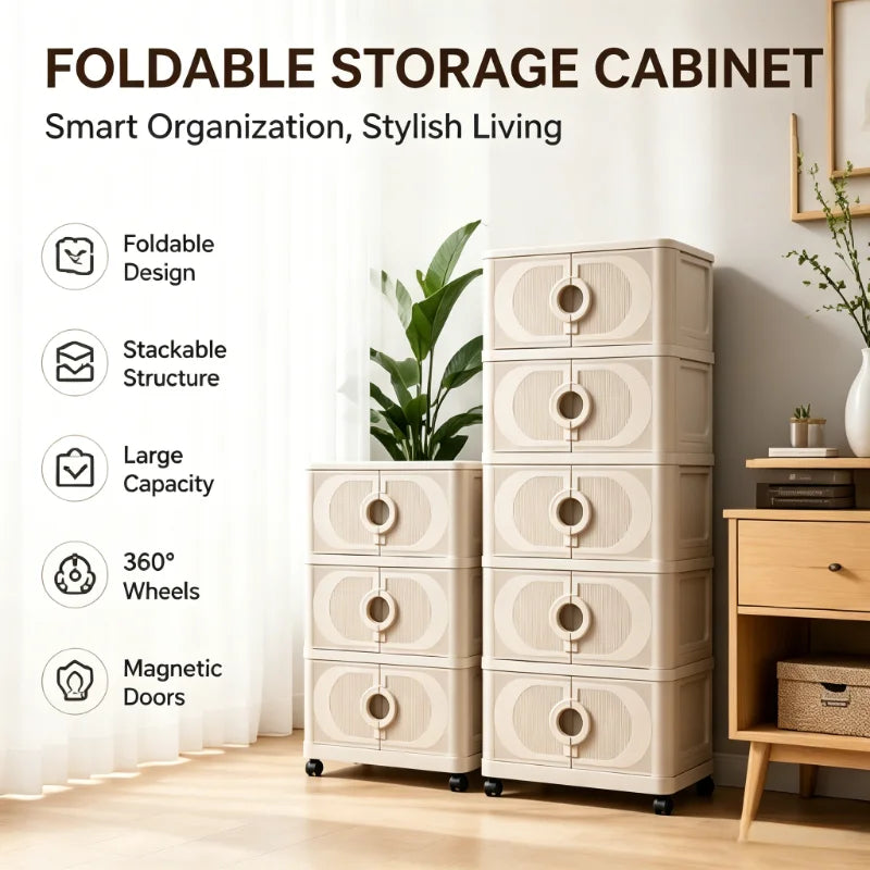 Beige foldable storage cabinet, no assembly needed, stackable featuring magnetic closure doors and 360° lockable silent wheels. Large capacity space-saving rolling storage box