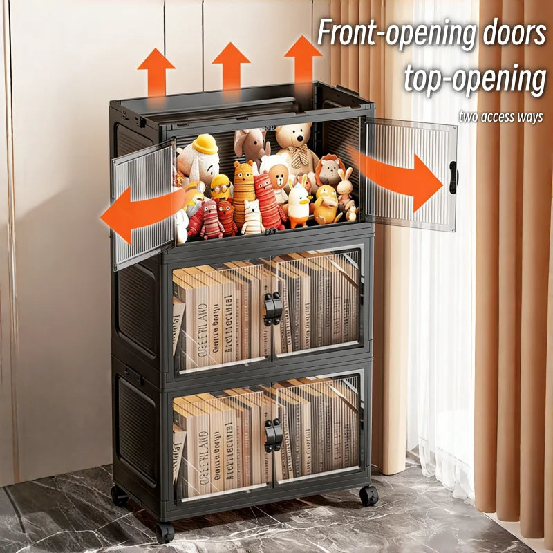 3/4/5/6-Tier Foldable Storage Cabinet with Clear Double Doors, Foldable and Stackable Plastic Storage Boxes with Wheels, Large-Capacity Rolling Organizer