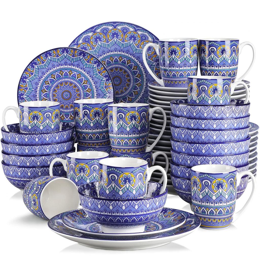 16/32/48-PCS Ceramic Plate Porcelain Dinnerware Set Bohemian Mandala Patterned with Dinner Plate,Dessert Plate,Bowl,Mug