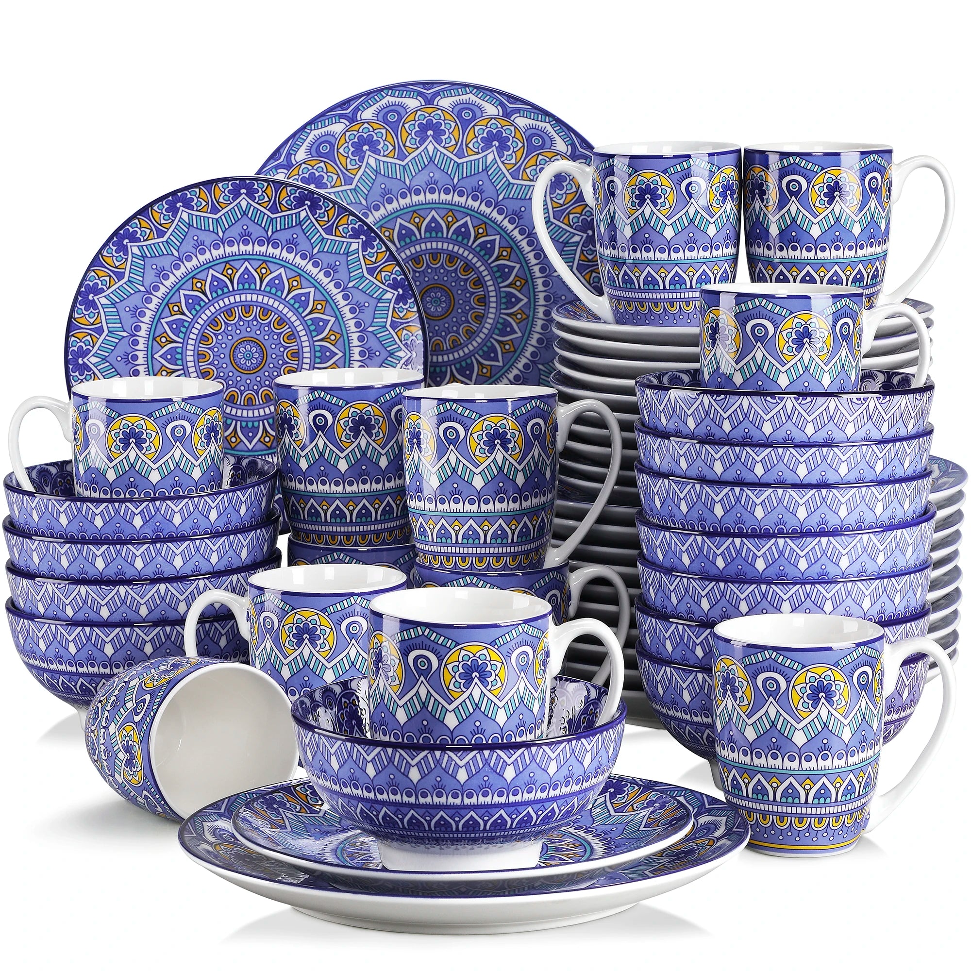 16/32/48-PCS Ceramic Plate Porcelain Dinnerware Set Bohemian Mandala Patterned with Dinner Plate,Dessert Plate,Bowl,Mug