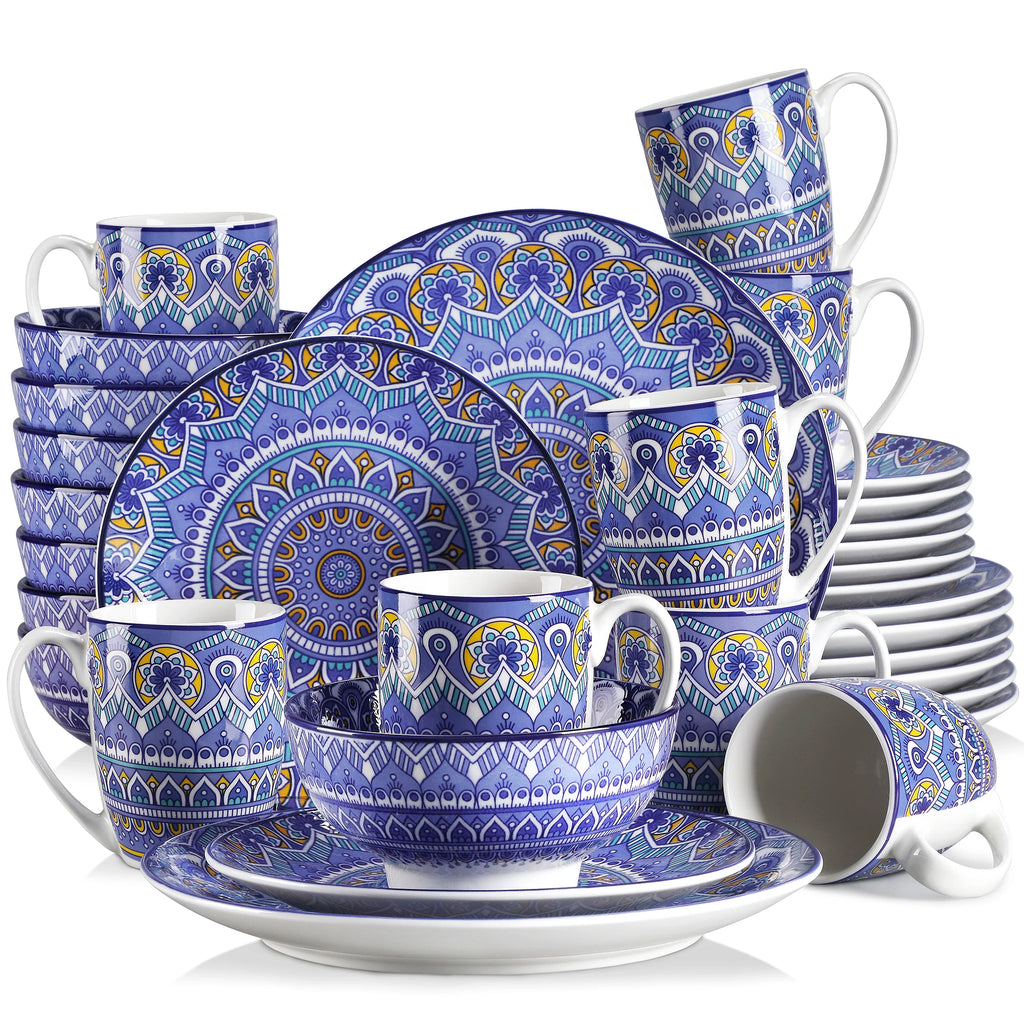 16/32/48-PCS Ceramic Plate Porcelain Dinnerware Set Bohemian Mandala Patterned with Dinner Plate,Dessert Plate,Bowl,Mug