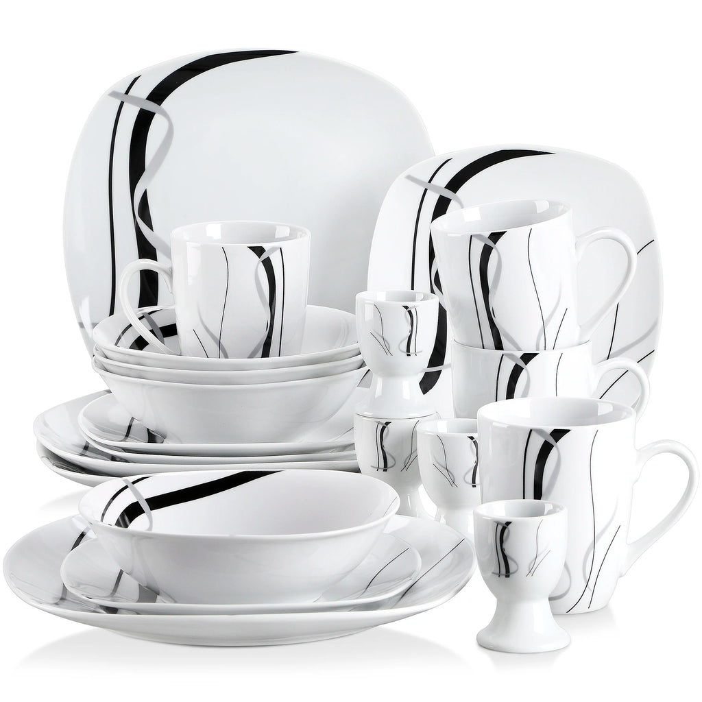 20/40 Piece Black Stripe Porcelain Dinner Kitchen Plate Combi-Set with Egg Cup/Mug/Bowl/Dessert Plate/Dinner Plate