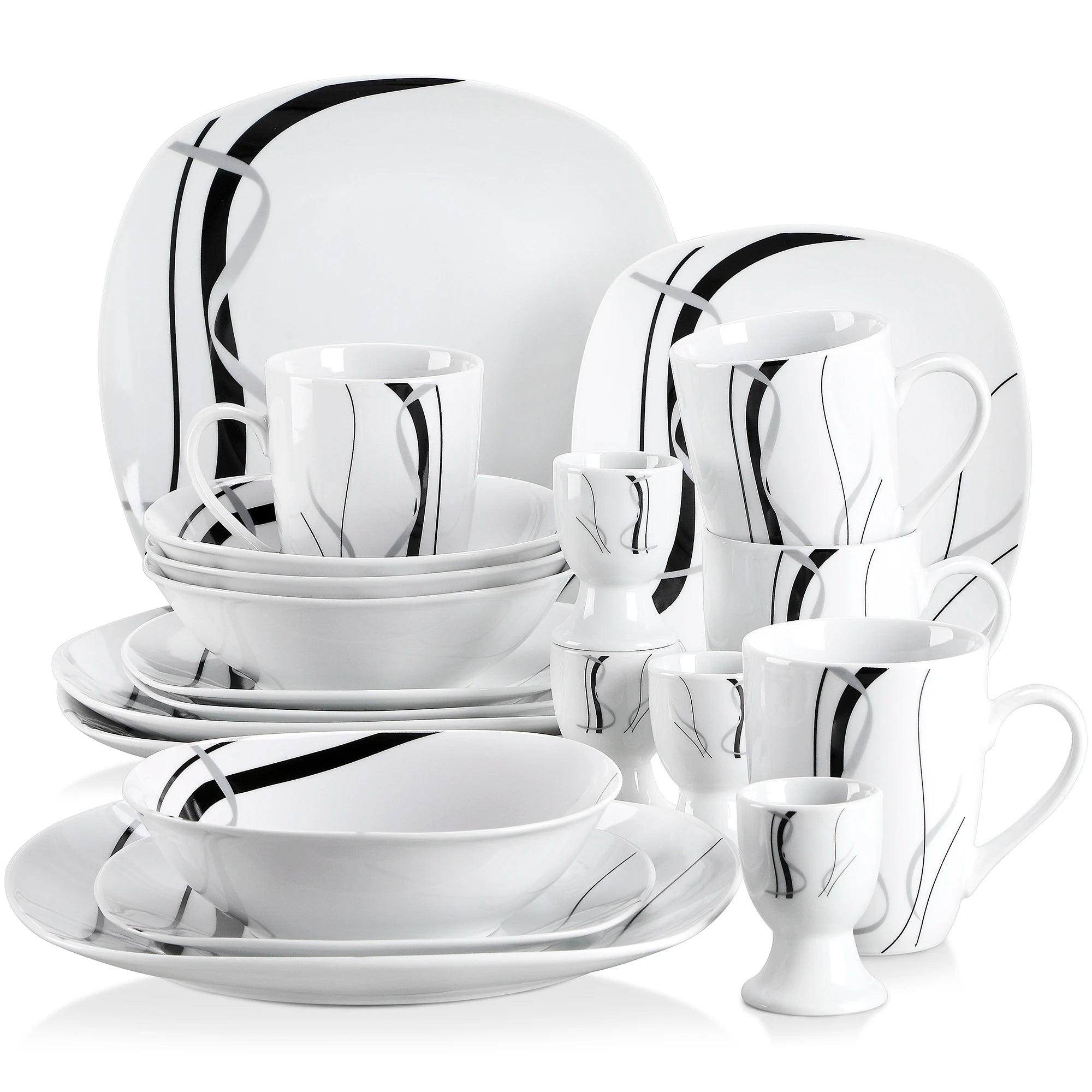20/40 Piece Black Stripe Porcelain Dinner Kitchen Plate Combi-Set with Egg Cup/Mug/Bowl/Dessert Plate/Dinner Plate