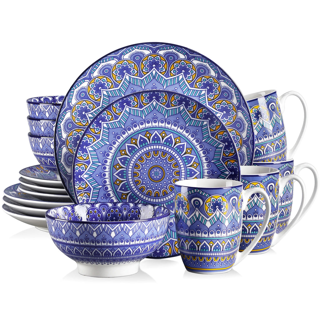 16/32/48-PCS Ceramic Plate Porcelain Dinnerware Set Bohemian Mandala Patterned with Dinner Plate,Dessert Plate,Bowl,Mug