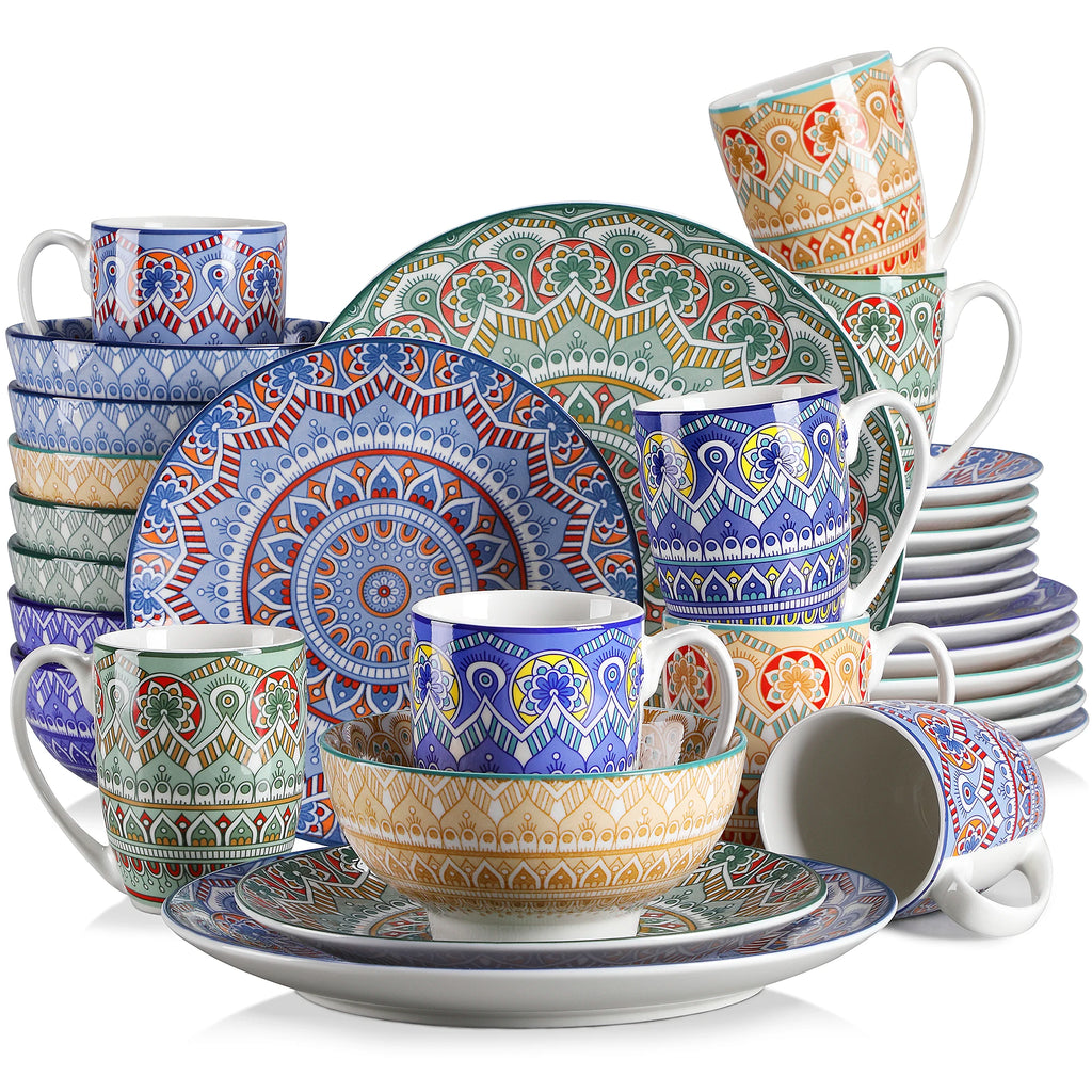 16/32/48-PCS Ceramic Plate Porcelain Dinnerware Set Bohemian Mandala Patterned with Dinner Plate,Dessert Plate,Bowl,Mug