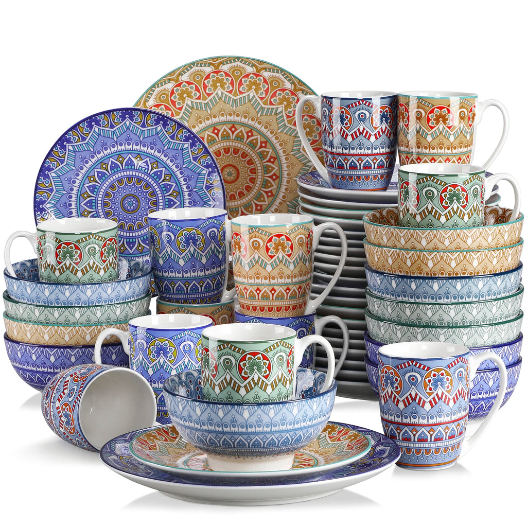 16/32/48-PCS Ceramic Plate Porcelain Dinnerware Set Bohemian Mandala Patterned with Dinner Plate,Dessert Plate,Bowl,Mug