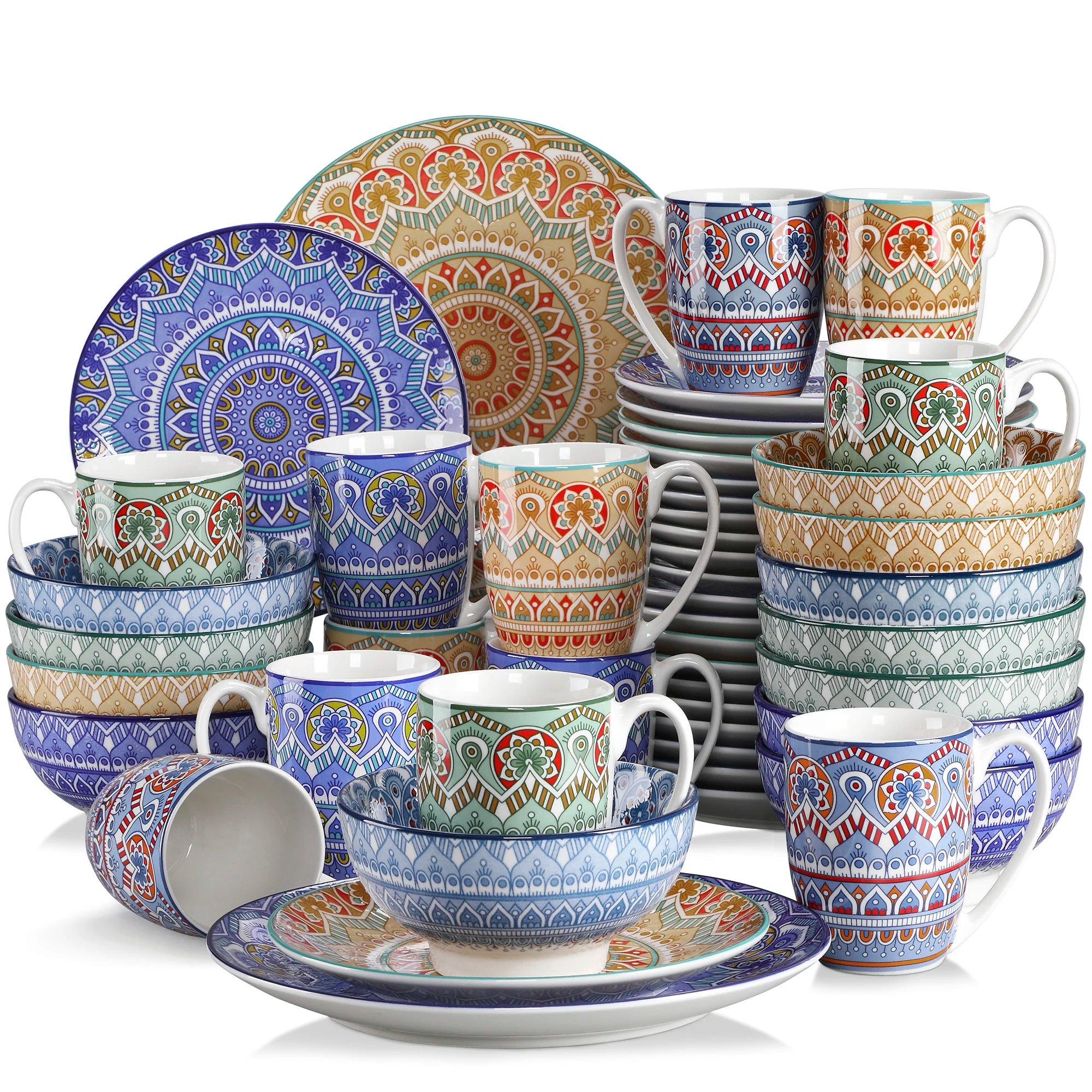 16/32/48-PCS Ceramic Plate Porcelain Dinnerware Set Bohemian Mandala Patterned with Dinner Plate,Dessert Plate,Bowl,Mug