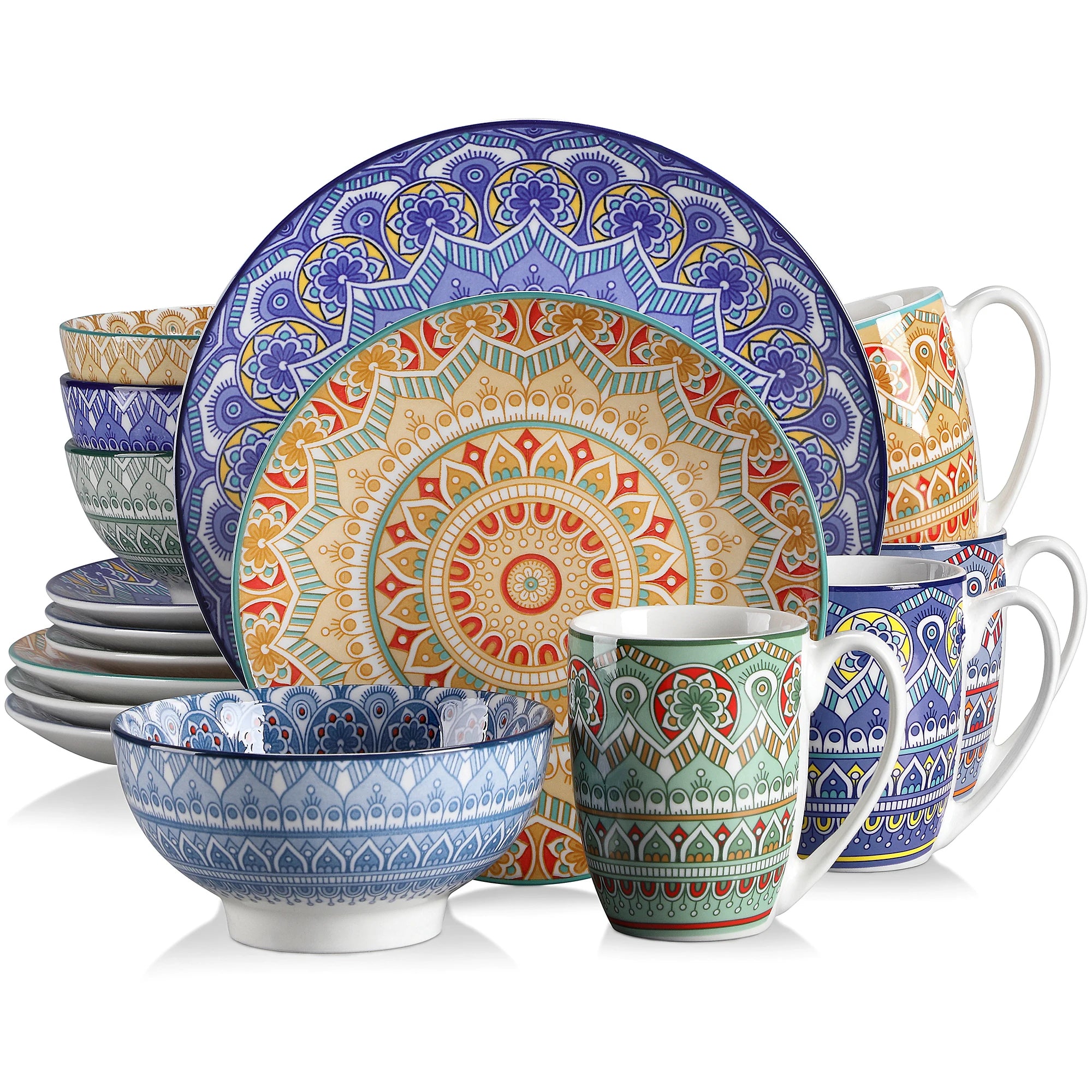 16/32/48-PCS Ceramic Plate Porcelain Dinnerware Set Bohemian Mandala Patterned with Dinner Plate,Dessert Plate,Bowl,Mug