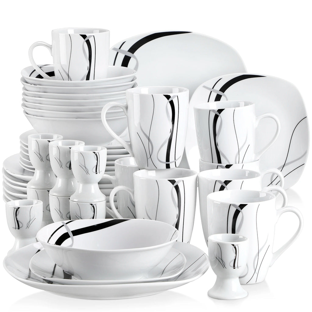 20/40 Piece Black Stripe Porcelain Dinner Kitchen Plate Combi-Set with Egg Cup/Mug/Bowl/Dessert Plate/Dinner Plate