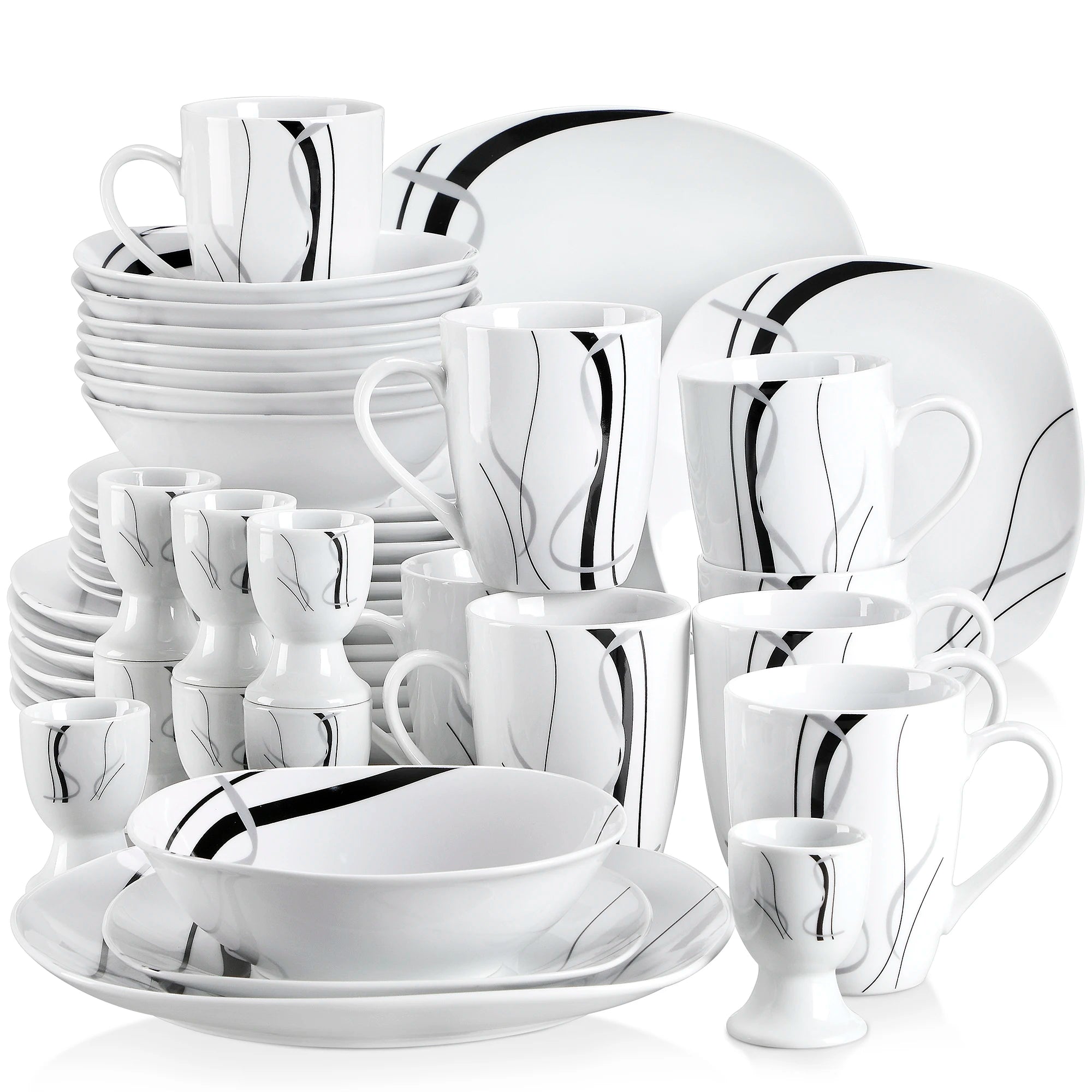 20/40 Piece Black Stripe Porcelain Dinner Kitchen Plate Combi-Set with Egg Cup/Mug/Bowl/Dessert Plate/Dinner Plate