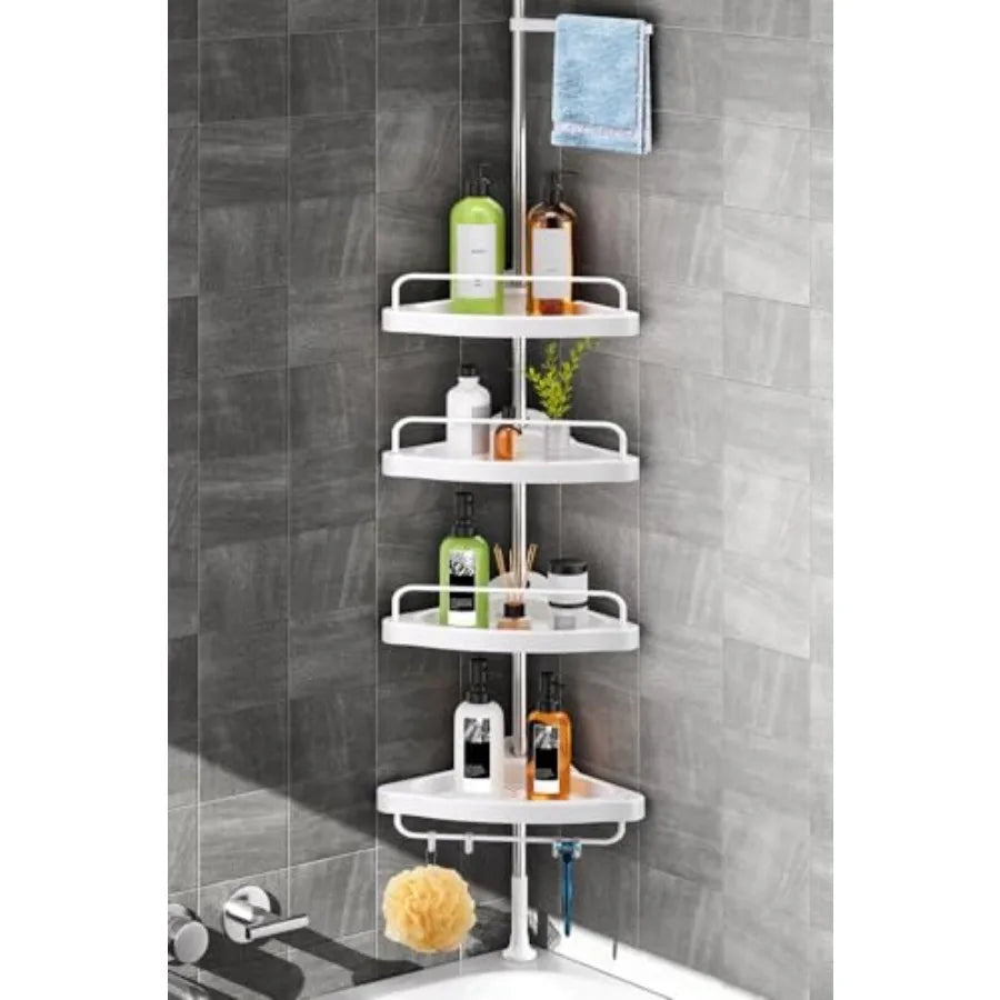 Corner Shower Caddy Tension Pole: Adjustable Stainless Steel  4 Tier Shelf