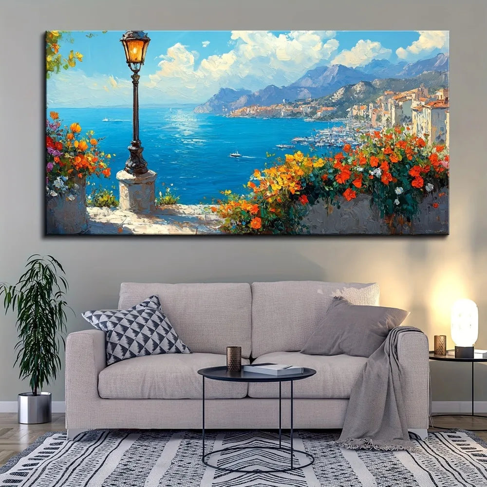 1.5 inch thick pine solid wood frame, canvas mural, bedroom blue coastal ocean flower scenery sailing boat,
