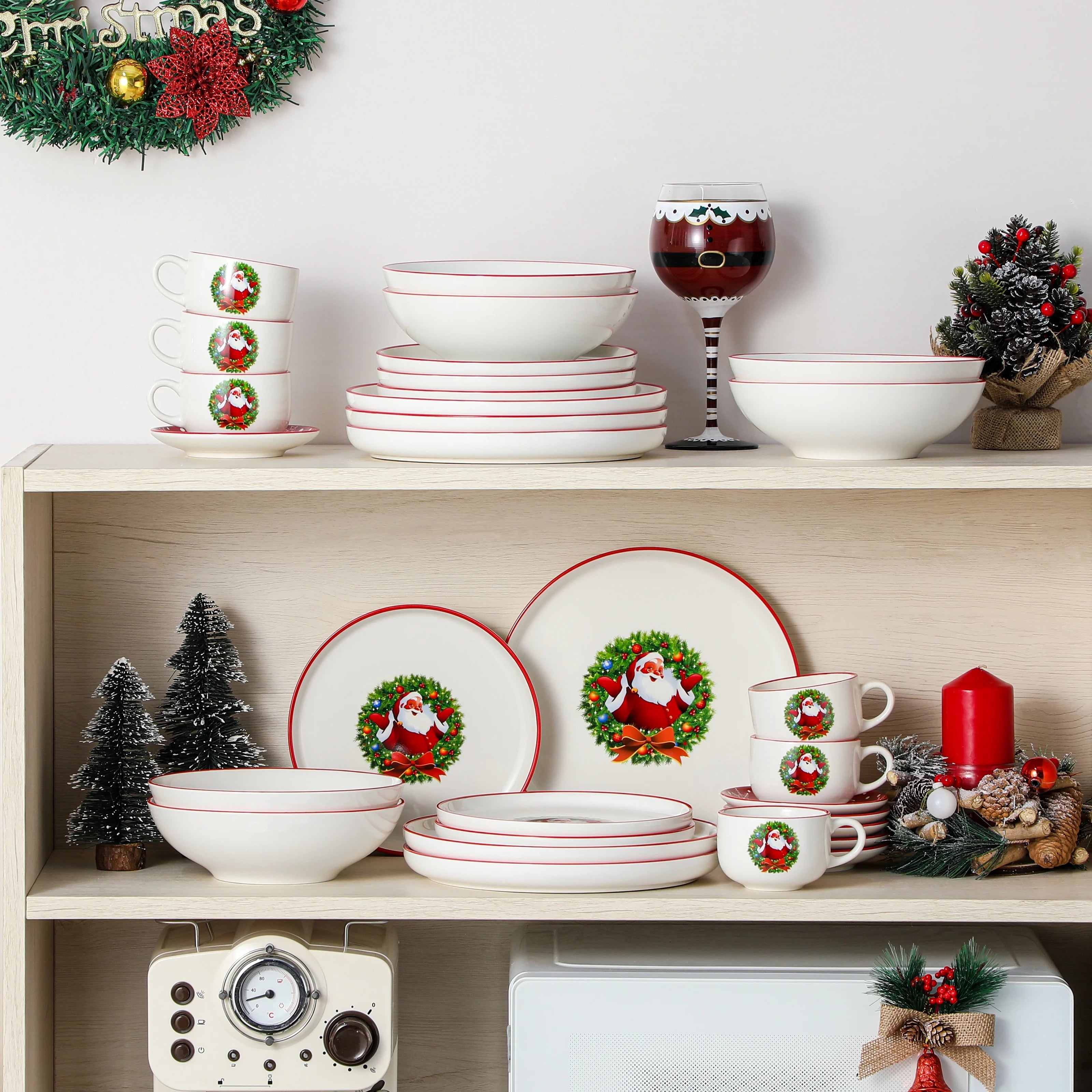 12/30 Piece Ceramic Christmas Dinnerware Set  With 4/6pc Dinner Plate/Dessert/Soup/Bowl/Mug