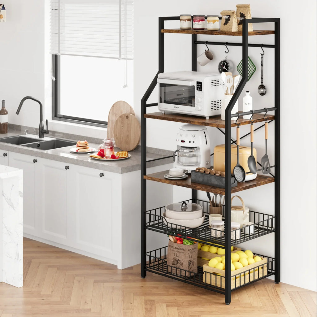 Kitchen Bakers Rack Microwave Oven Stand with 2 Large Wire Basket Industrial
