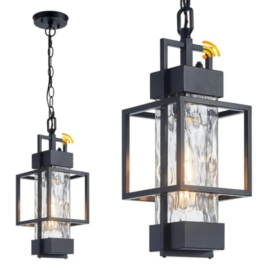 17" Outdoor Chandelier Pendant Light Fixture for Porch Modern Black Dusk to Dawn Exterior Hanging Pendant Lantern