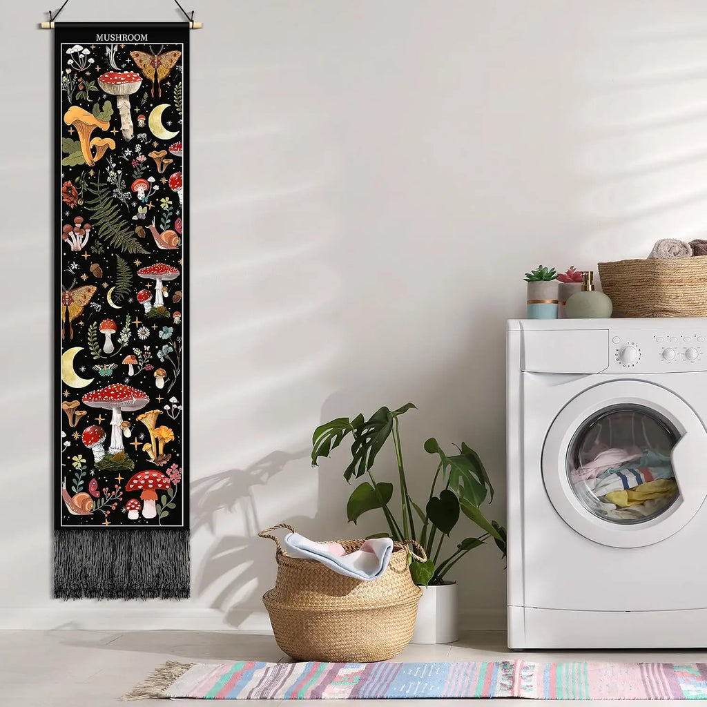 Vintage Tapestry 52x13 Inch Long Vertical Wall Hanging with Botanical Mushroom Tassel