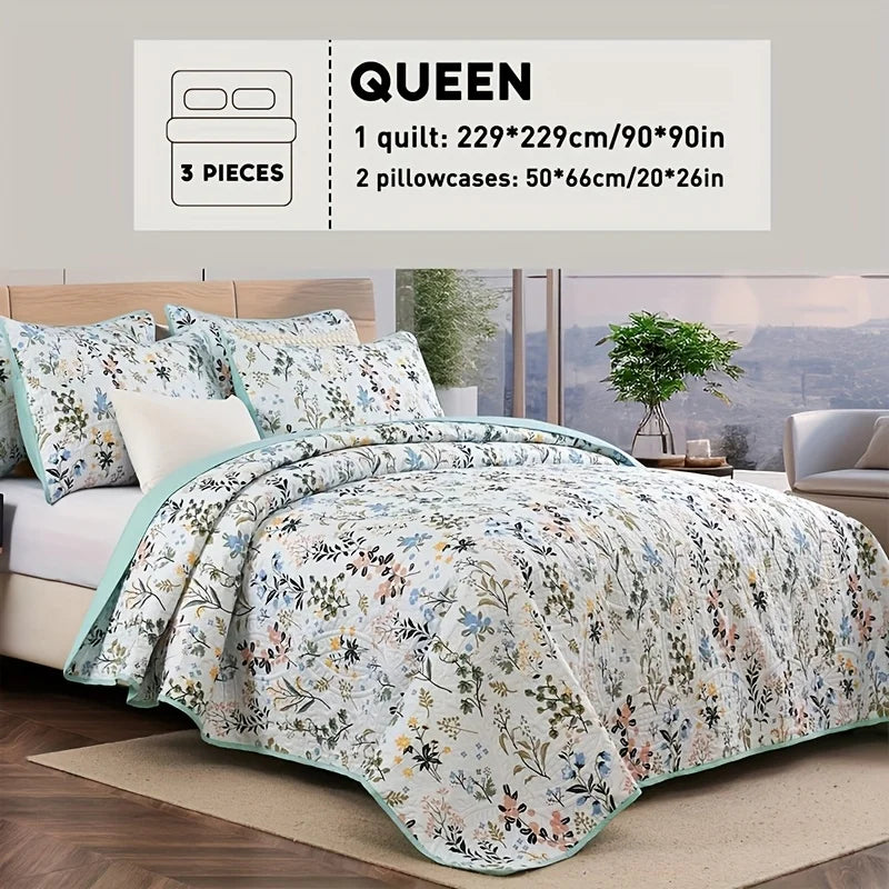 2/3pcs Floral Comforter Quilt Set Queen King Full Twin Size, White/Grey Soft Microfiber Reversible Bedding With Shams