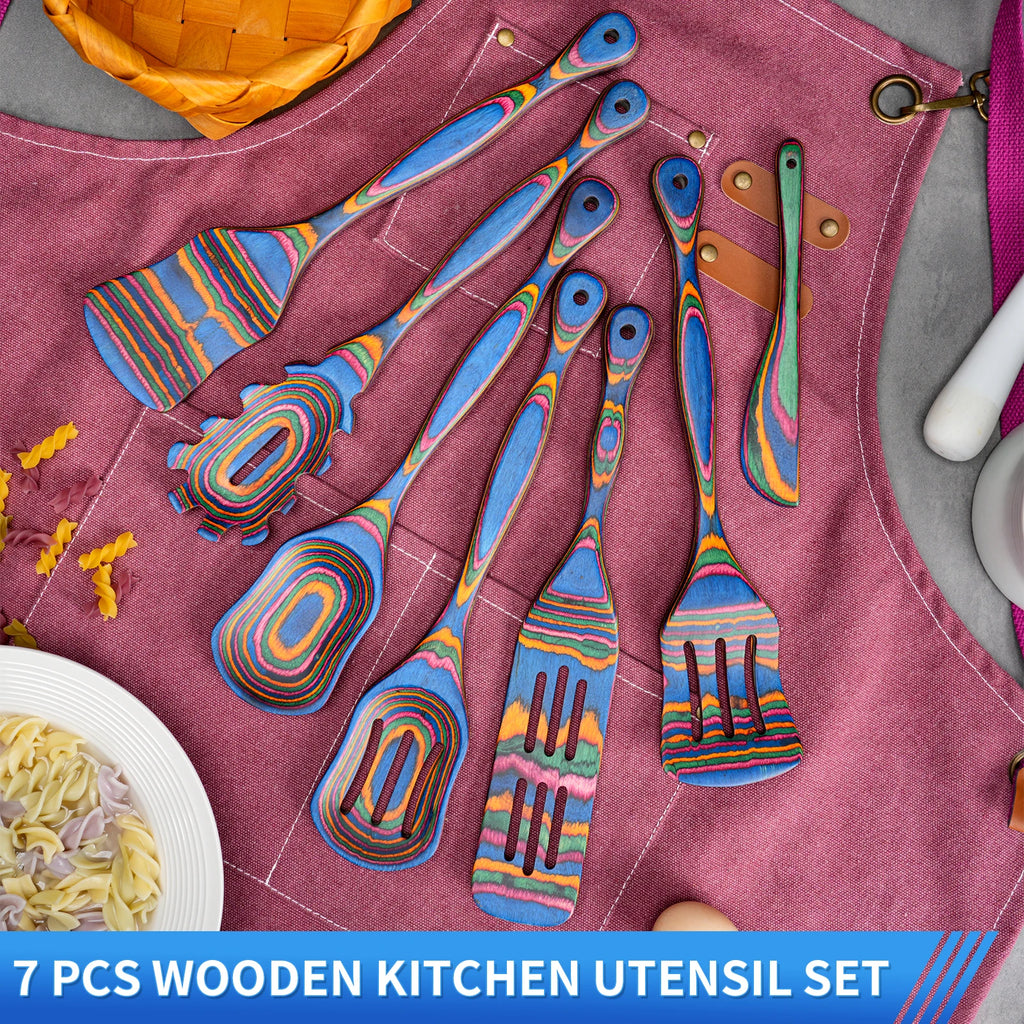 7Pcs Blue Pakkawood Wooden Cooking Utensils,