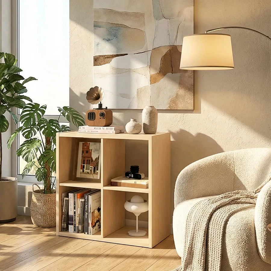 Thick Wooden Frame 4 Cube Storage Organizer Shelf with Anti-Tipping Kits, Reversible Open Back, Horizontal & Vertical Dual-Use. Ideal for  multi-use