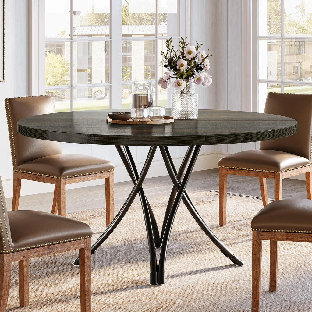 Round Dining Table, 47-Inch Wood Large Farmhouse and Modern Kitchen Table for 4-6 People with Gray Frame