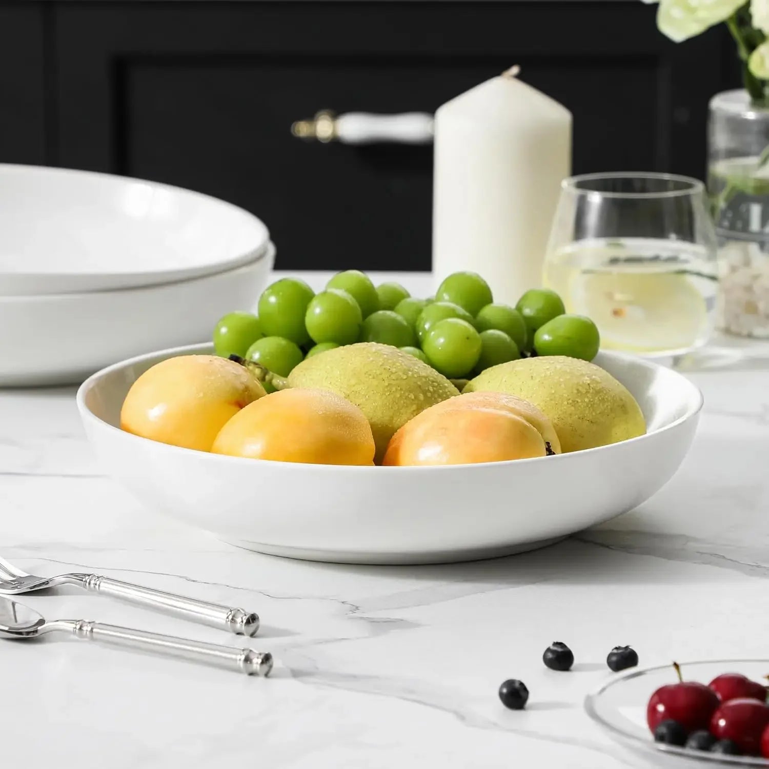 10 Large Pasta Bowls Set of 4, 56 OZ Wide and Shallow , Porcelain White , Microwave & Dishwasher Safe,