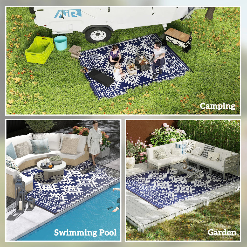 Outdoor Rug, 9' x 12' Floor Mat, Blue White Rhombus Border