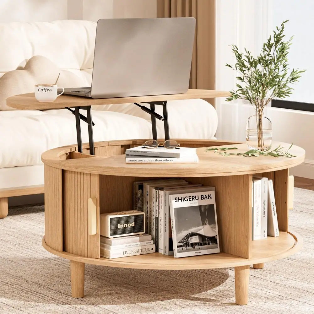 Round Oak Wood Table, Lift Top with Storage, Fluted Drum Mid Century Modern