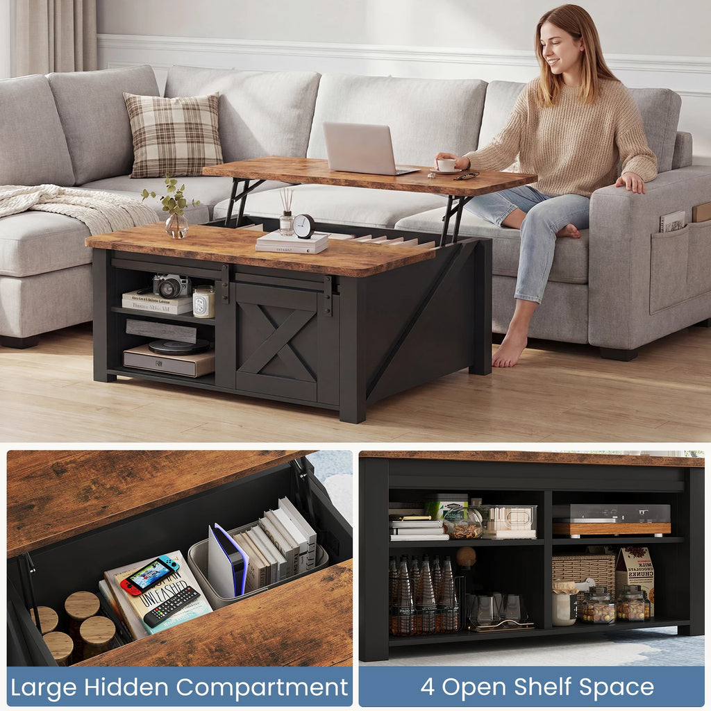 31.5IN Wood Lift Top tables Square L Adjustable Storage Shelf Easy Lift Or Lower
